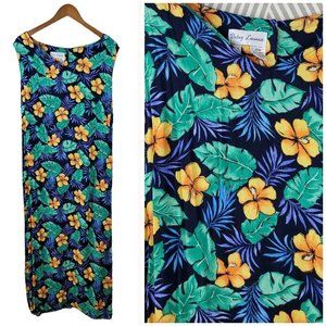 Vintage 90s Tropical Hawaiian Party Dress Plus Size 20/22 Floral Hibiscus Blue